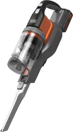 Акумуляторний пилосос BLACK+DECKER 4в1 18В 2.0Аг, безмішковий, для підлоги та ручний, з електрощіткою, бездротовий, комплект з насадкою для щілин, акумулятором, зарядним пристроєм і настінним кріпленням, Titanium/Orange
