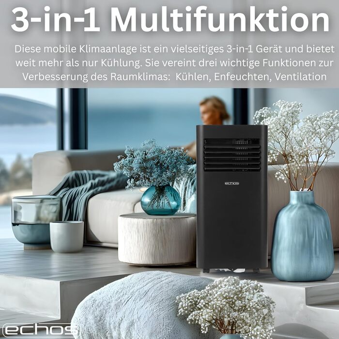 Мобільний кондиціонер Echos 9000 BTU з Wi-Fi, пультом та таймером 24 год – охолодження, осушення, вентиляція