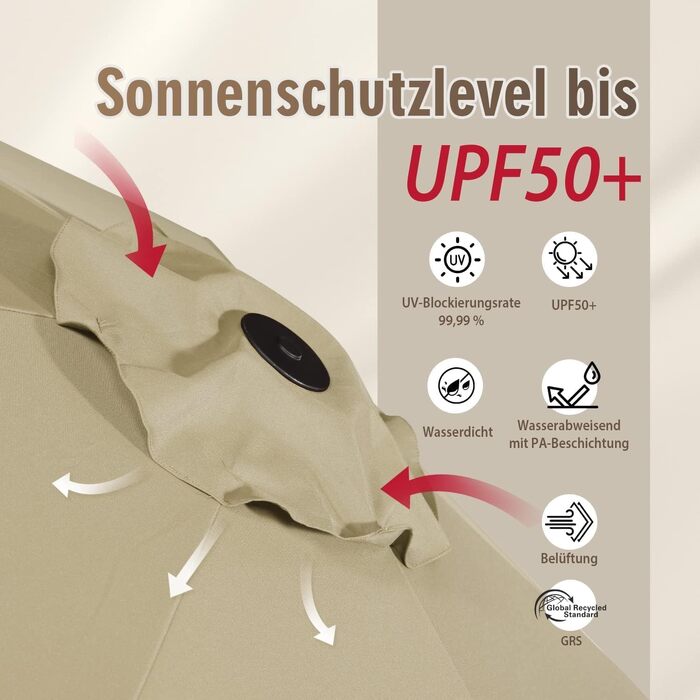Парасолька від сонця Sekey XXL з ручкою-котушкою, UPF 50+, для тераси, балкона та пляжу, колір тауп, з підставкою, 220 × 400 см