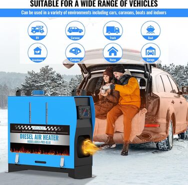 Автономний дизельний обігрівач VELPAX All in One 8кВт, портативна повітряна опалення 12V/24V/220V з LCD-дисплеєм та пультом для авто, вантажівок, кемперів та човнів (Синій)
