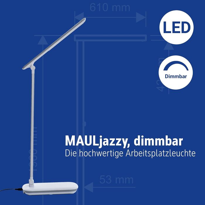 Світлодіодна настільна лампа Maul Jazzy, димована, USB Type-A, 4000K, біла, для робочого столу, офісу