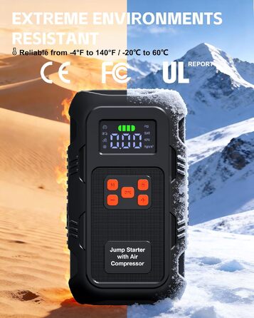 Пусковий інвертор Povasee 6000A з компресором 150 PSI та Powerbank, бустер для авто 12V з електричним насосом та ліхтариком (Помаранчевий/Чорний)
