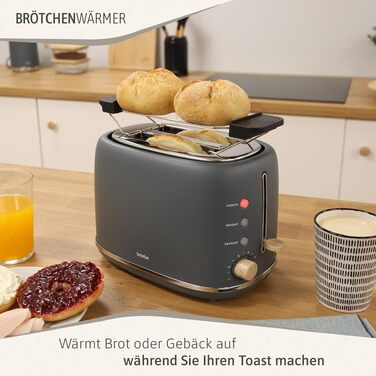 Тостер Briebe Nordic Set 2-слотовий з підставкою для булочок, 6 рівнів підсмажування + Електричний чайник 1.7л 2200Вт, Швидке нагрівання, BPA-free, Сірий