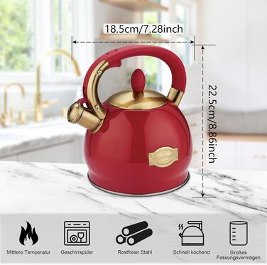 Чайник для води з whistle-сигналом 2.8л для індукції та всіх типів плит, нержавіюча сталь (Червоний)