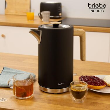 Тостер Briebe Nordic Set 2-слотовий з широкими прорізами, підставка для булочок, 6 режимів + Електричний чайник 1.7л 2200Вт, швидке нагрівання, без BPA, набір для сніданку, чорний