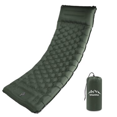 Помірний кемпінговий надувний килимок SHANNA Outdoor: потовщений (12 см), ультралегкий матрац для кемпінгу та походів з вбудованим ножним насосом, армійний зелений