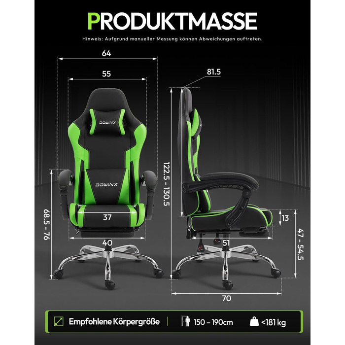 Ігрове крісло Dowinx Ergonomic Gaming Chair з підставкою для ніг, регульованими підлокітниками, навантаження до 150 кг, колір Зелений Pro
