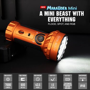 Ліхтарик OLIGHT Marauder Mini LED 7000 люменів, 600 м, перезаряджуваний, з дальнім і розсіяним світлом, 3 кольори LED, датчик відстані, для активного відпочинку, помаранчевий