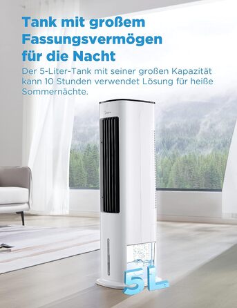 Мобільний кондиціонер Midea з водяним охолодженням, іонізацією та зволоженням, з резервуаром для води 5 л, 355 м³/год, без повітроводу, пульт, 55 Вт, білий