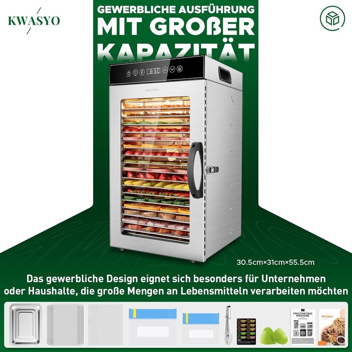 Сушарка для продуктів Kwasyo Edelstahl 750W з 18 рівнями, цифровим таймером, регулюванням температури та захистом від перегріву. Професійна дегідратор для фруктів, овочів, м'яса