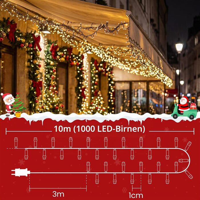 Світлодіодна гірлянда вулична LED (10м, 1000 світлодіодів), теплий білий колір, 8 режимів роботи з функцією пам'яті