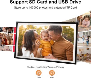 FRAMEO Цифровий фоторамка 15.6 дюймів FHD, сенсорний екран, 32GB, Wi-Fi, віддалене завантаження фото та відео, календар, погода, музика, чорний