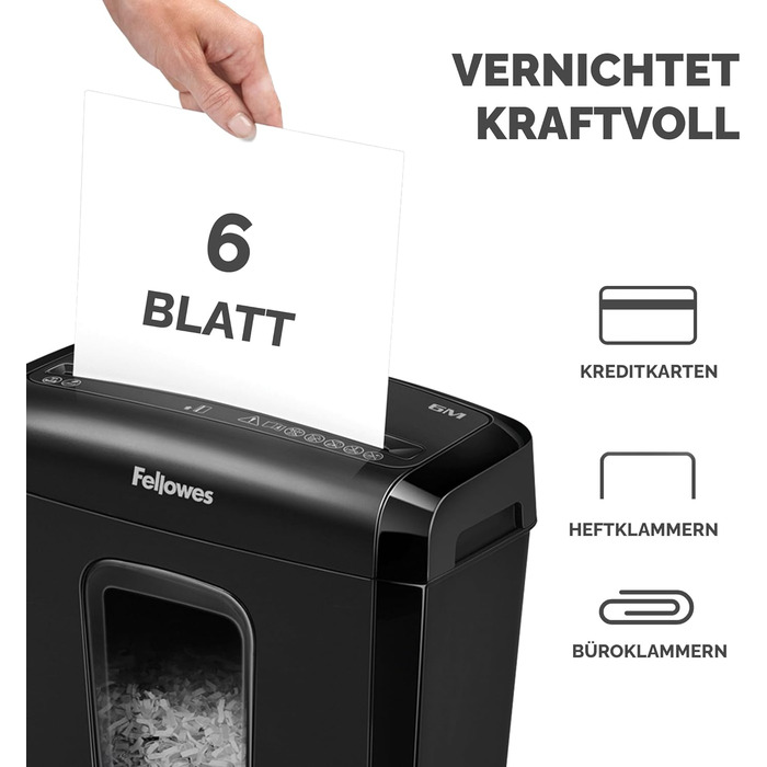 Шредер Fellowes Powershred FS-6C для дому та офісу, знищення документів (P4, міні-шредер), кошик 15л, чорний