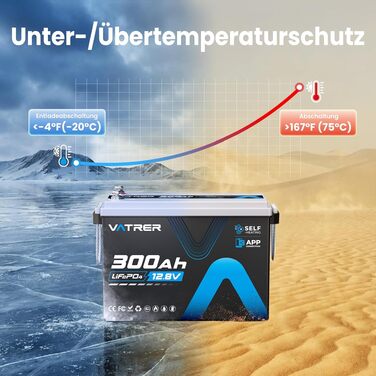 LiFePO4 акумулятор VATRER POWER 12V 300Ah з системою самопідігріву та Bluetooth