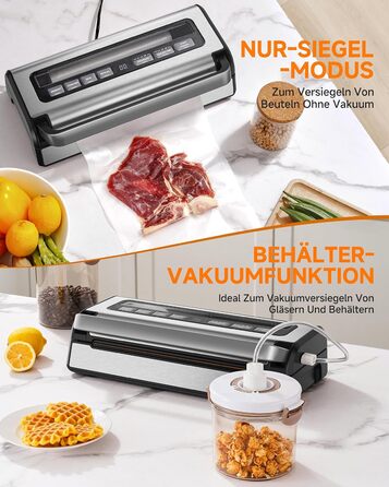 Вакууматор для продуктів 9-в-1 з потужністю 95 кПа, регулюванням часу та тиску, функцією пам'яті, подвійним запаянням, вбудованим різаком та відсіком для пакетів, корпус із нержавіючої сталі, у комплекті 2 ролини та шланг