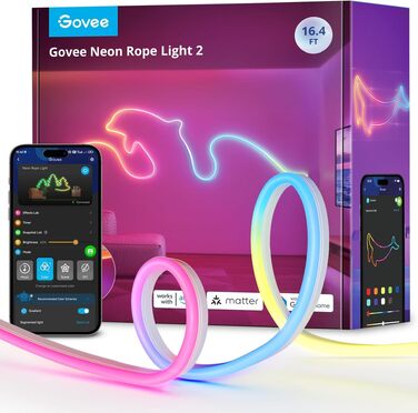 Гнучка неонова LED-стрічка Govee Neon Rope Light 2, RGBIC підсвітка для DIY дизайну, біла, 3м