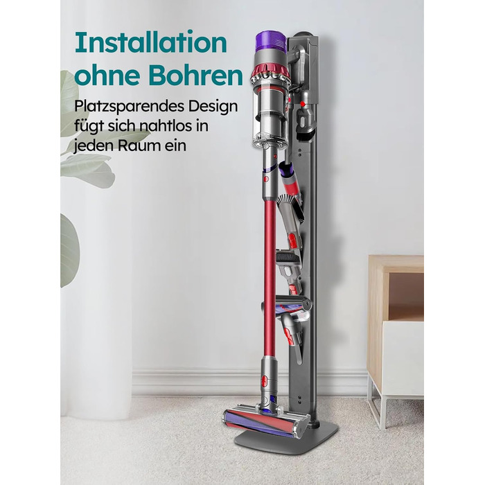 Металевий стійка-тримач для пилососа JUPELI, сумісний з Dyson V16, Gen5, V15, V12, V11, V10, V8, V7, V6, підставка для пилососа та аксесуарів, без свердління, темно-сірий