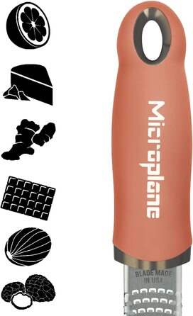 Терка Microplane для цитрусових, сиру, імбиру, шоколаду та мускатного горіха, з дрібною лезом із нержавіючої сталі, колір кориця-оранж, 325×35×30 мм, вироблено у США