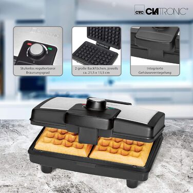 Вафельниця Clatronic WA 3606 з антипригарним покриттям, для бельгійських вафель, 2 великі робочі поверхні, регульований ступінь підсмажування