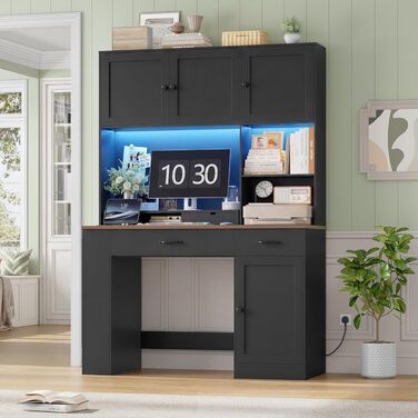 Письмовий стіл FirFurd 180x120x50 см з шухлядами, полицею для книг, LED-підсвіткою та розетками - дерев'яний комп'ютерний стіл для офісу, кабінету, дитячої кімнати (Чорний)