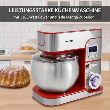 Кухонна машина Syntrox KM-1300W de Luxe Marseille, міксер і тістоміс, 6 л, нержавіюча сталь, чорна (червона)