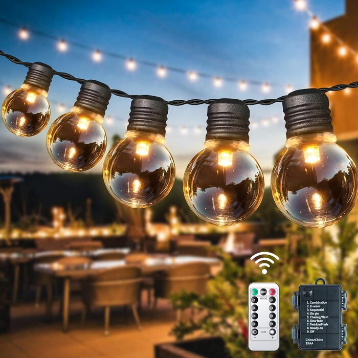 Ланцюжок прикрас для зовнішнього використання на батарейках G30, 9м, 20 LED, тепле біле світло, з пульт дистанційного керування, таймер, диммування, IP64, для саду, ялинки, балкона, бістро.