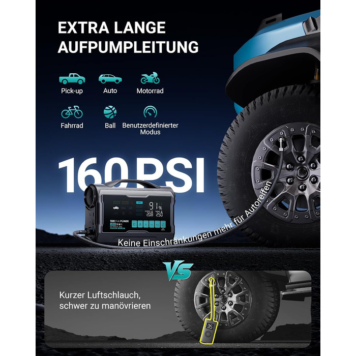 Пусковий пристрій для авто VANTRUE POWER JS3: бустер-павербанк з компресором 160 PSI, чорно-сріблястий