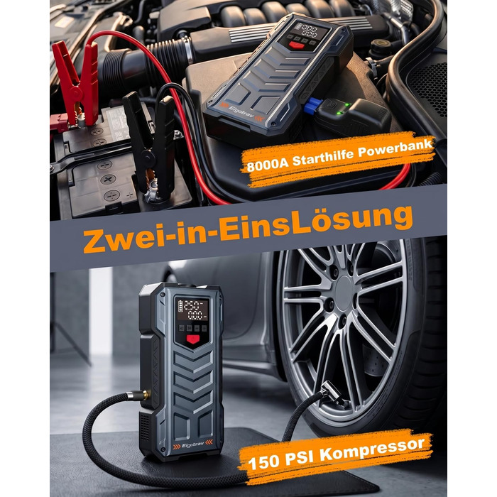 Пусковий пристрій (бустер) Starthilfe 8000A з компресором 150 PSI, 9-в-1: Jump Starter 12V для бензинових та дизельних авто (до 14л), електричний насос та Powerbank з швидкою зарядкою 30W