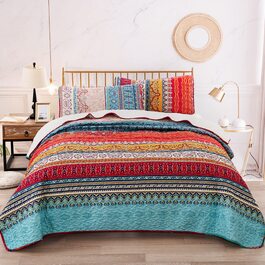 Постільна покривало WONGS BEDDING Boho 3-предметний комплект (220x240 см) з 2 наволочками 50x70 см, стібана ковдра з мікрофібри для спальні та дивана, Беміс