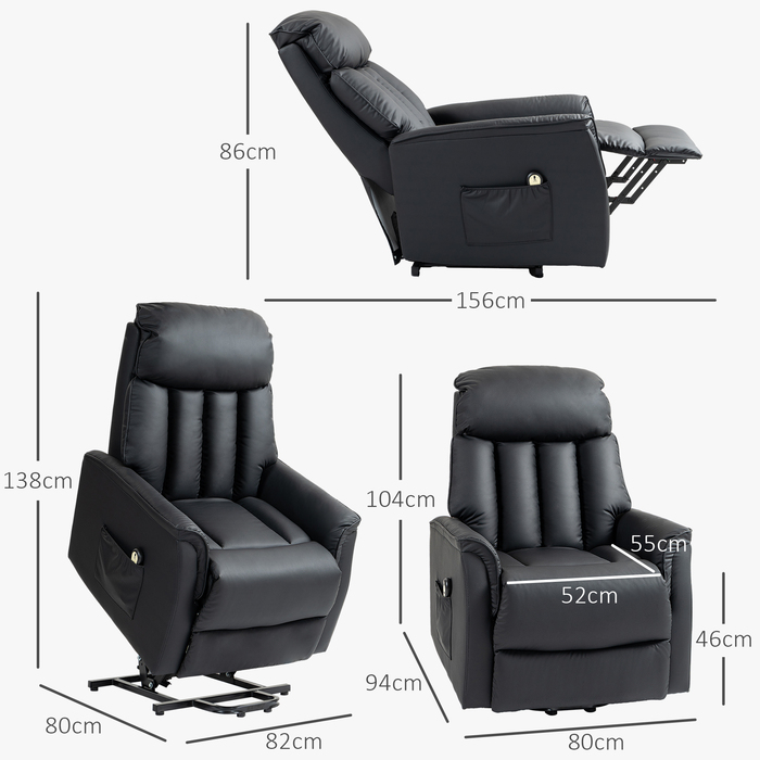 Електричне телевізійне крісло HOMCOM Recliner з допоміжним засобом для сидіння, функцією відкидання, масажне крісло з підніжкою, бічною кишенею, пультом дистанційного керування, для вітальні, до 150 кг, штучна шкіра, чорний
