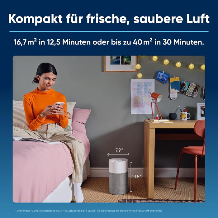 Компактний очищувач повітря Blueair Blue Pure Mini Max для спальні та офісу (до 38 м²), видалення 99,97% пилу, пилку та диму, безшумний та портативний