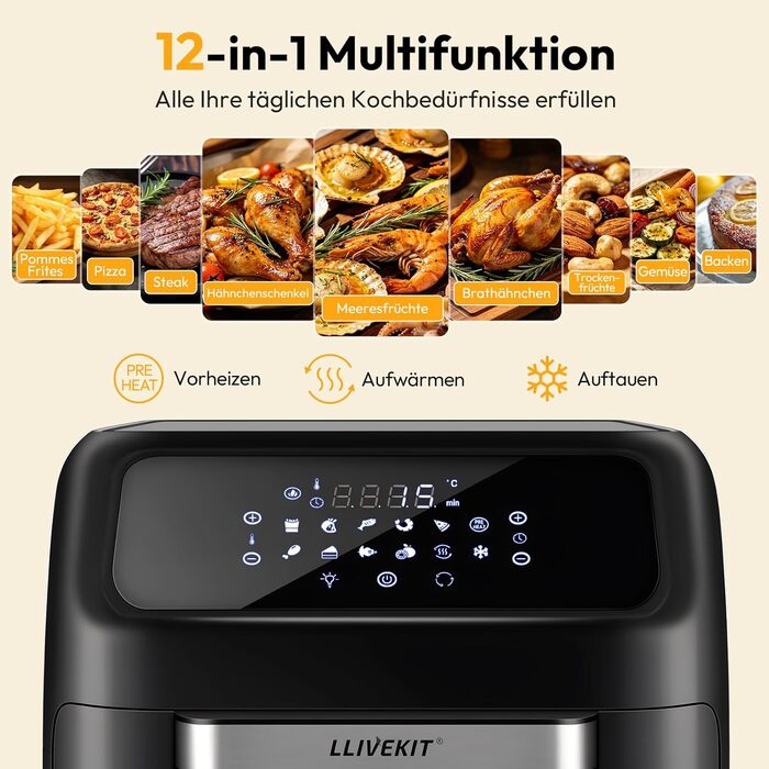 Аерофритюрниця LLIVEKIT 12л з ротисатором та конвекцією, мультипечі 12-в-1, 1800Вт, 7 аксесуарів, чорна
