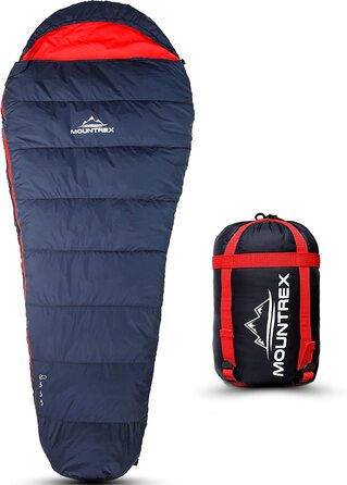Спальний мішок MOUNTREX мумія 3 сезони, 1500 г, ультралегкий, компактний, для кемпінгу, подорожей та фестивалів, темно-синій/червоний, утеплений, з'єднуваний, правий замок