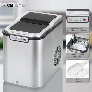 Льодогенератор Clatronic EWB 3785 Inox: Швидке виробництво льоду (10 хв), самоочищення, 12 кг/24 год, резервуар 1.5 л