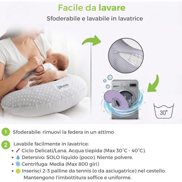 Подушка для годування Dilamababy Klein з 2 наволочками, 100% бавовна Ökotex - комфортна, гіпоалергенна подушка для годування, антиалергенний наповнювач з волокон
