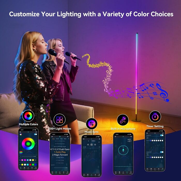 LED торшер для вітальні RGB 60 см кутовий, димується, з пультом та додатком, музичні режими, DIY, таймер - для спальні, геймінгу