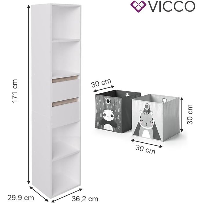 Дитячий стелаж Vicco Robert, білий/дуб сонома, 36.2x171 см, з складними коробами (сірі, різнокольорові)