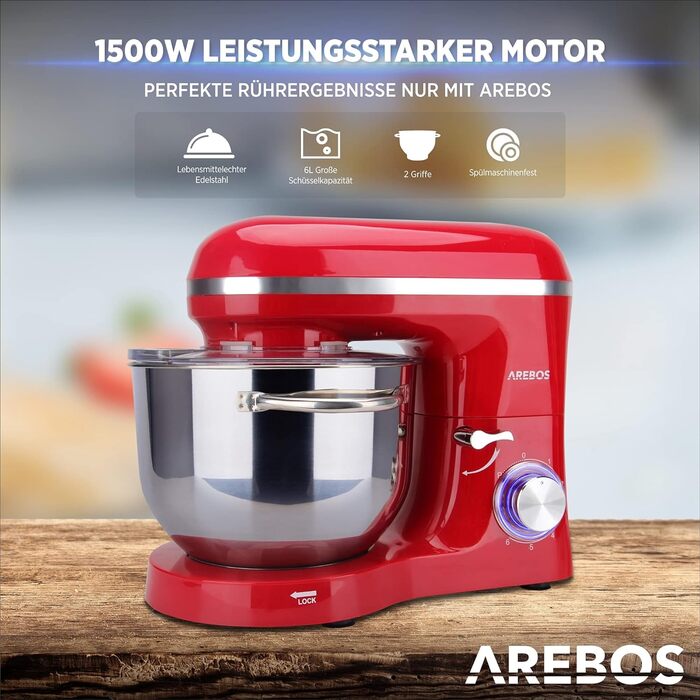 Кухонна машина Arebos 1500W з чашею 6L з нержавіючої сталі | Змішувач, гак для тіста, вінчик | Кришка від бризок | 6 швидкостей | Кухонний комбайн | Машина для тіста (червона)