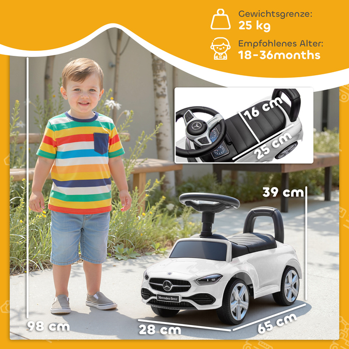 Дитячий електромобіль Mercedes-Benz C-Class з клаксоном, звуками двигуна, місцем для зберігання речей, для дітей 18-36 місяців, білий