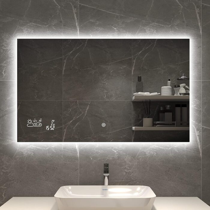 Дзеркало для ванної кімнати LED Byecold з підсвічуванням, 60x80 см, з Wi-Fi, погода та дата, сенсорне управління