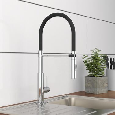 Змішувач кухонний Schütte 23138 з гнучким шлангом Soft Touch, поворотний на 360°, нержавіюча сталь/чорний