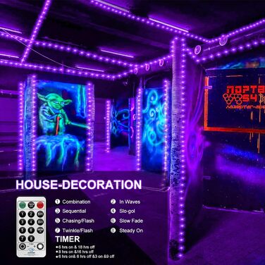 Гірлянда CORST 20 м 200 LED ультрафіолетова, водонепроникна, на мідному дроті з пультом, для декору Хелловін, Різдво, вулиця та приміщення