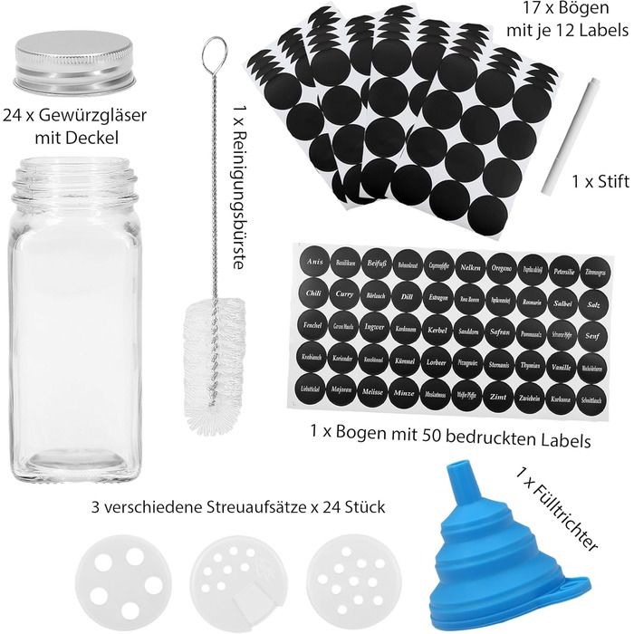 Набір скляних баночок для спецій VonBueren, квадратні, 24 шт по 120 мл, з дозатором
