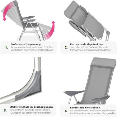 Алюмінієві шезлонги tectake® 2 шт, садові лежаки з 5-позиційною спинкою, складані, з підніжкою та подушкою для голови, для саду, кемпінгу, балкона