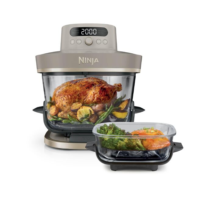 Скляна аерофритюрниця Ninja CRISPi PRO XL Air Fryer з 5 функціями, контейнерами CleanCrisp (5,7 л та 2,3 л) та кришкою для зберігання, AS090EUGN (Stone Gold)