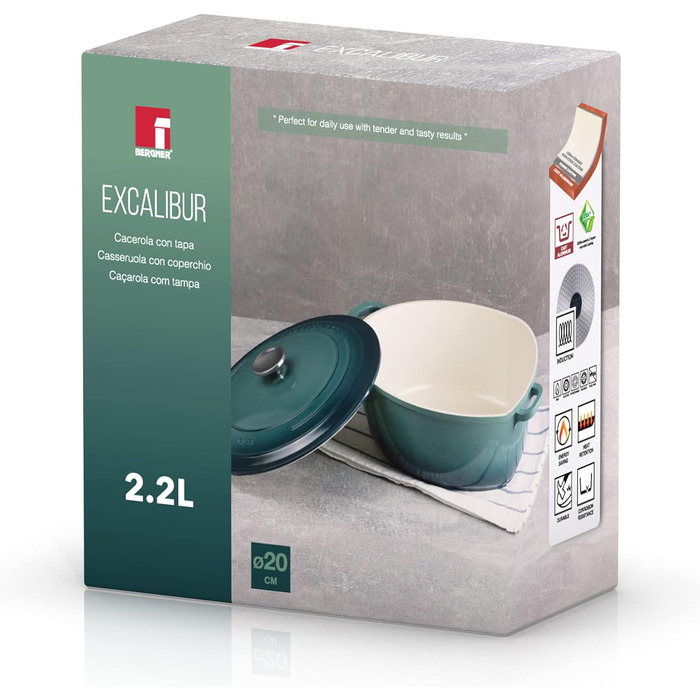 Каструля BERGNER Excalibur 20 см з кришкою, алюмінієва, підходить для індукції та духовки, зелена