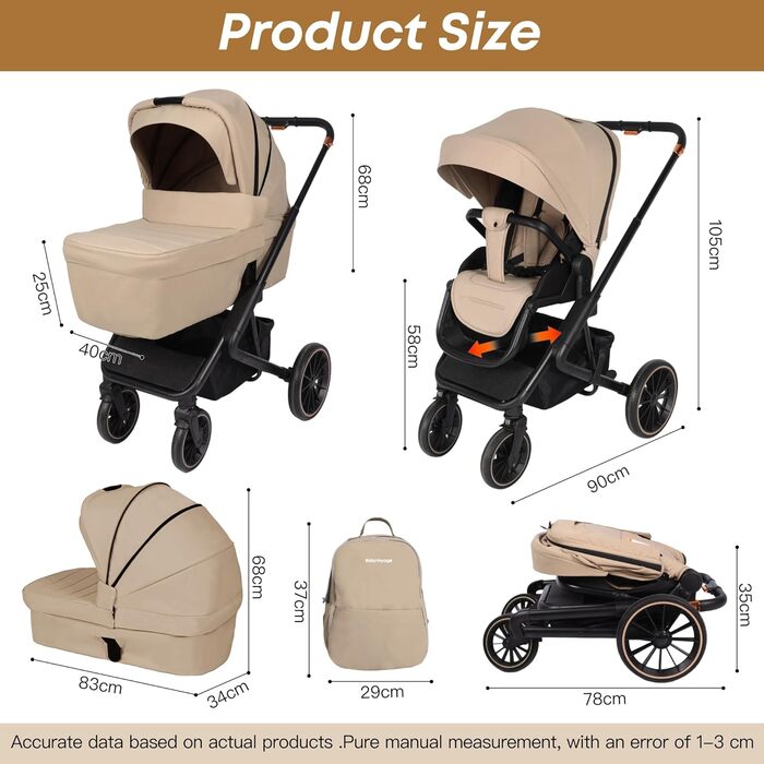 Дитяча коляска 2-в-1 BabyVoyage з люлькою та прогулянковим блоком, поворотні колеса 360°, амортизація, регульована ручка, складана, колір зелений (хакі)