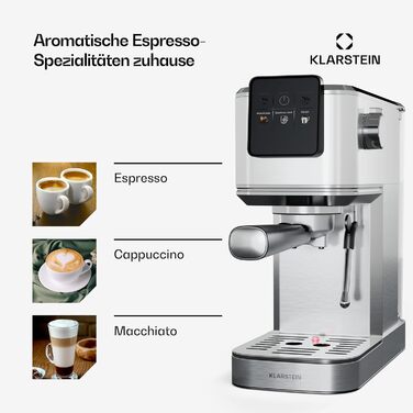 Кавоварка Klarstein SteelPresso Touch Slim з холдером, 20 бар, 1350 Вт, 1,2 л, нержавійка, компактна, цифрове управління, легке очищення, парова насадка