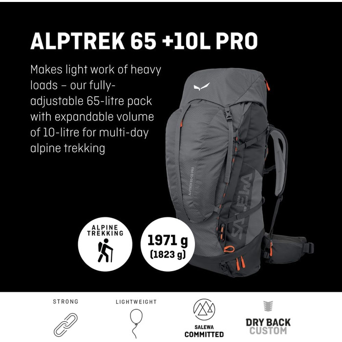 Туристичний рюкзак Salewa ALPTREK 65+10 PRO, 75 л, для трекінгу, чоловічий, водонепроникний