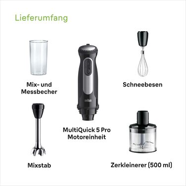 Блендер занурювальний Braun MultiQuick 5 MQ 50236 (2024) – 1000 Вт, нержавіюча сталь, 21 швидкість + Turbo, EasyClick, SplashControl, набір насадок